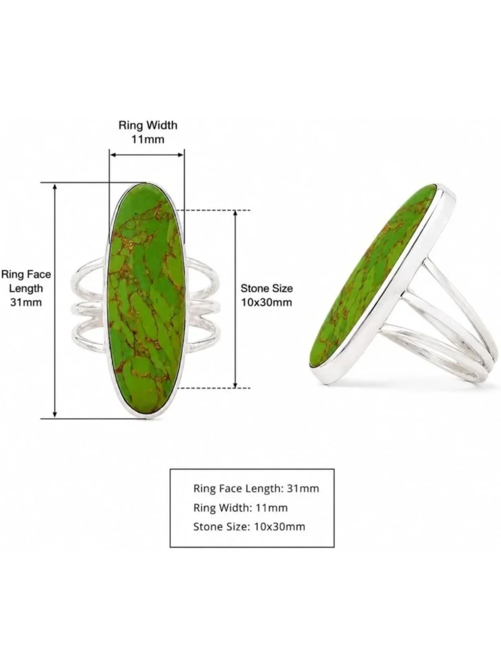 Handmade 925 Sterling Silver Long Oval Statement Ring with Natural Green & Blue